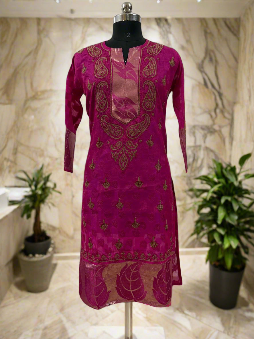 Lucknowi Chikankari Magenta Chanderi Kurti-PE00006