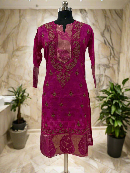 Lucknowi Chikankari Magenta Chanderi Kurti-PE00006