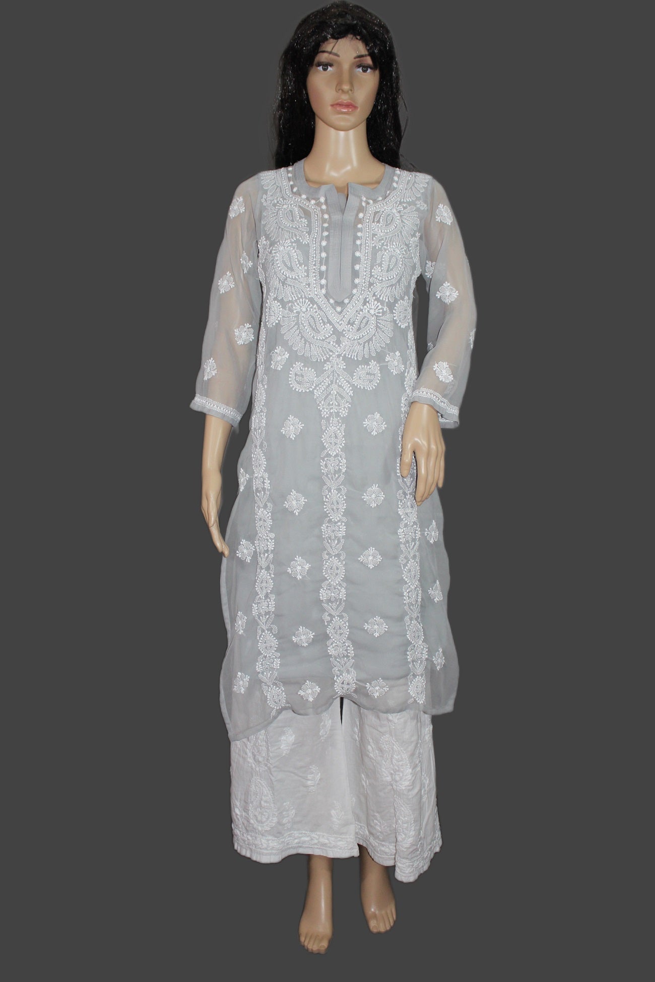 Lucknowi Chikankari Grey 'Dhoondhla' Georgette Kurti-K20003