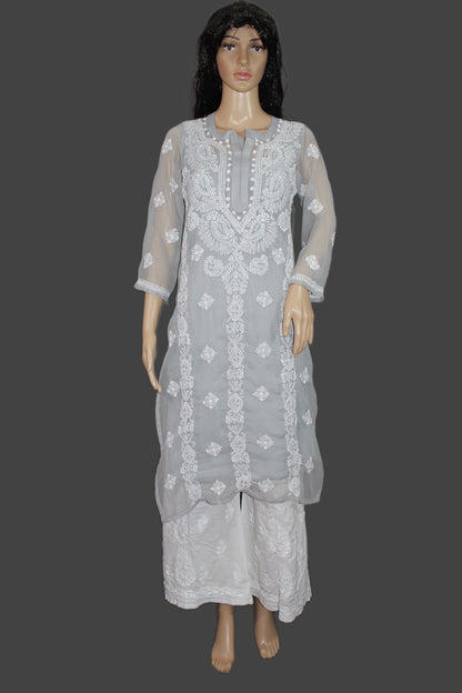 Lucknowi Chikankari Grey 'Dhoondhla' Georgette Kurti-K20003