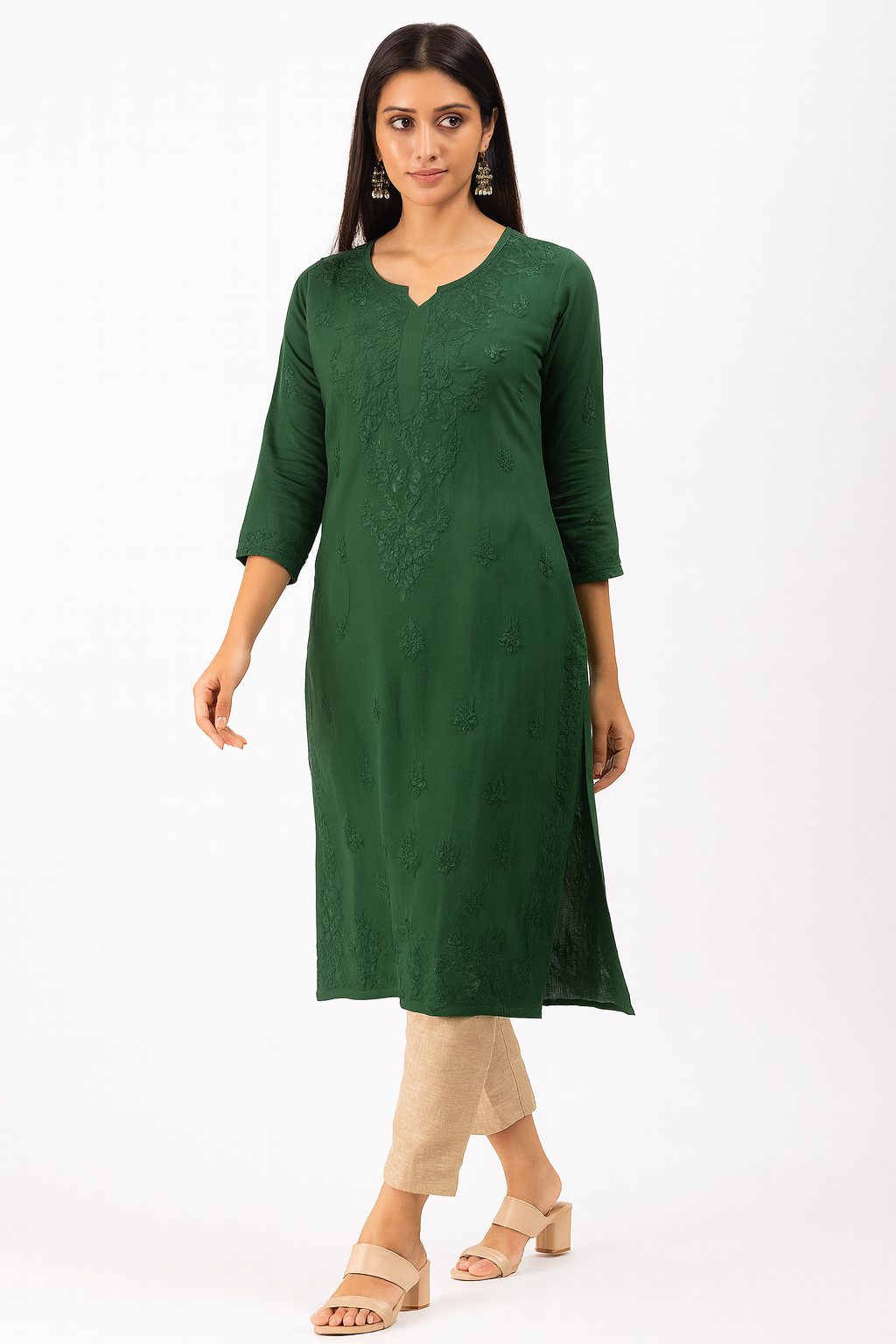 Lucknowi Chikankari Green 'Bahar' Modal Kurti-K000189