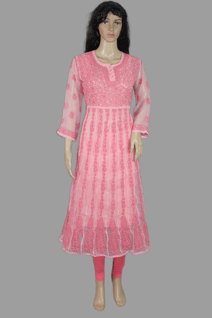 Lucknowi Chikankari Peach 'Aarooi' Georgette Anarkali-K30041