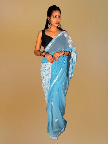 Lucknowi Chikankari Blue Georgette Saree (With Blouse)-S00002