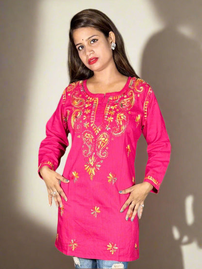 Lucknowi Chikankari Magenta Cotton Short Kurti-T000005