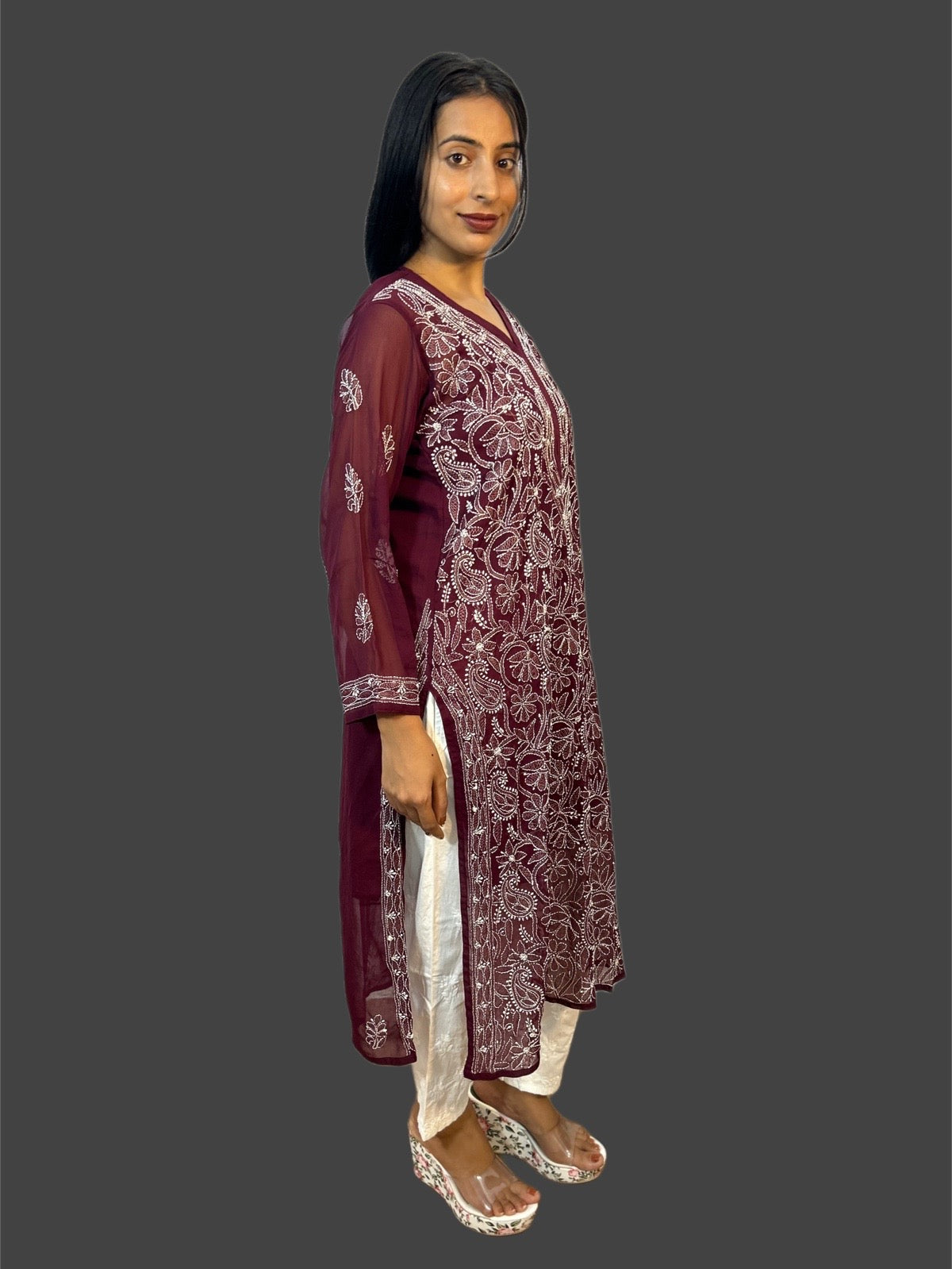 Lucknowi Chikankari Wine Georgette Kurti-K000039