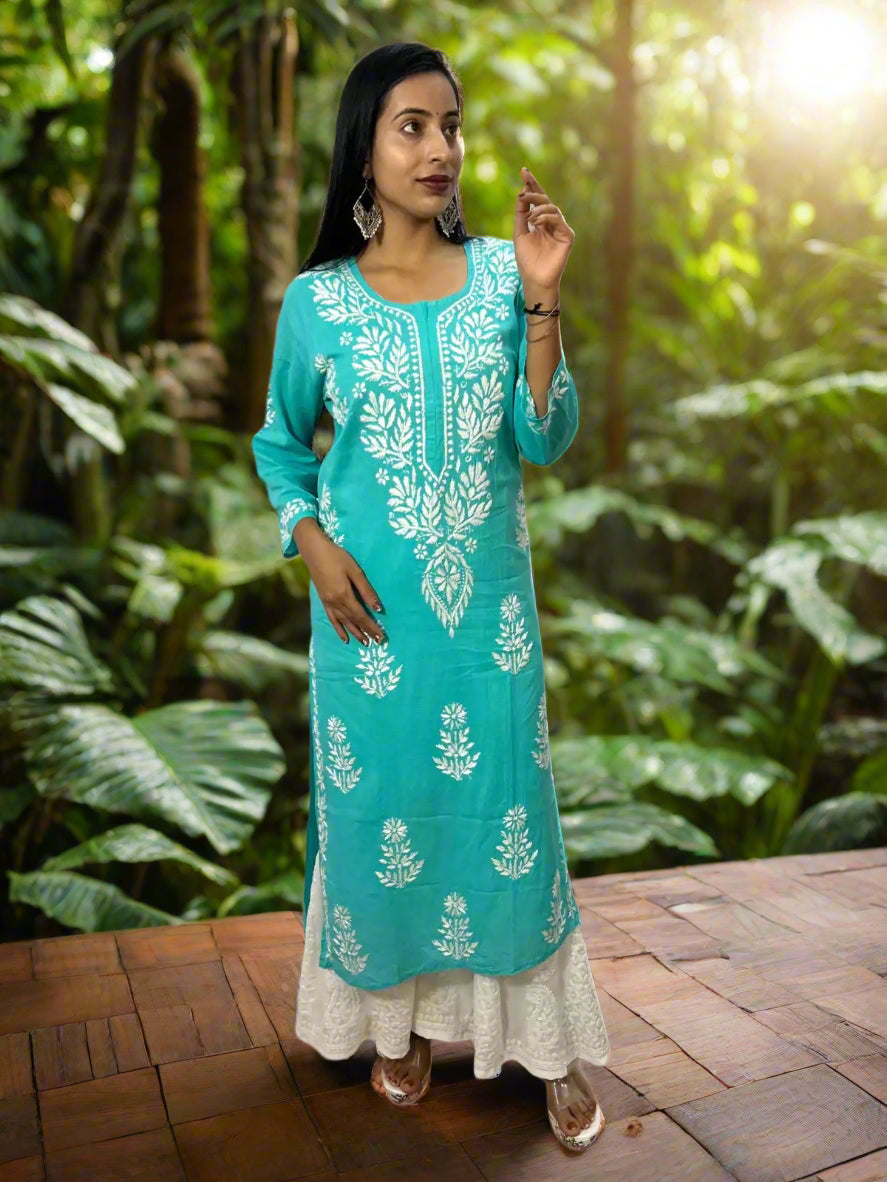 Lucknowi Chikankari Teal Green Cotton Kurti-K000118