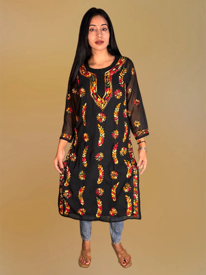 Lucknowi Chikankari Black Georgette Kurti-K000055