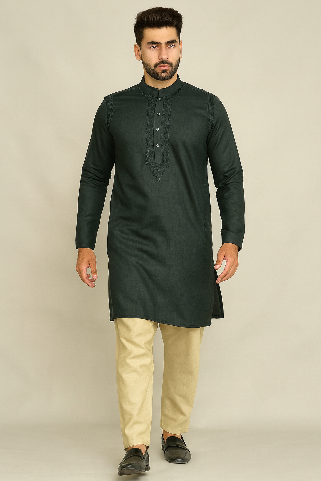 Lucknowi Chikankari Green 'Bahar' Cotton Gents Kurta-GK00012