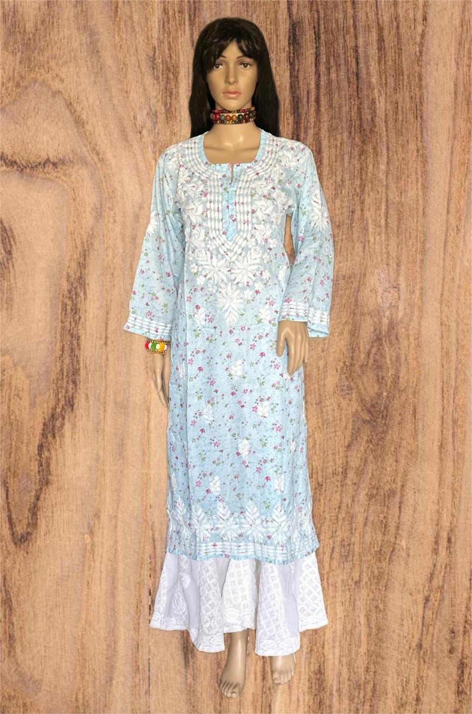 Lucknowi Chikankari Sky Blue 'Aab-e-Aasman' Printed Cotton Kurti-K000084