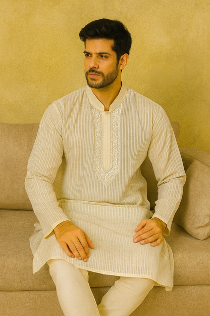 Lucknowi Chikankari Fawn 'Harnai Rang' Cotton Gents Kurta-GK00025