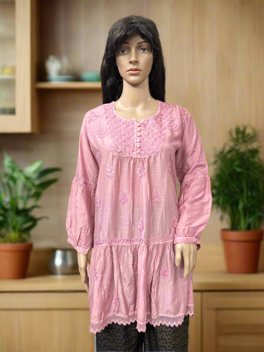 Lucknowi Chikankari Mauve Muslin Short Kurti-T50022