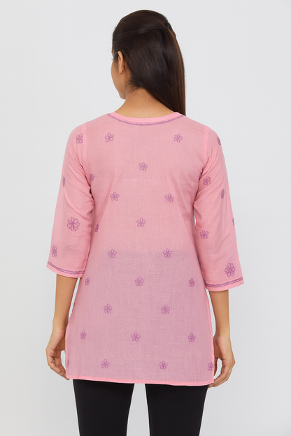 Lucknowi Chikankari Pink 'Shagufta' Cotton Short Kurti-T40022