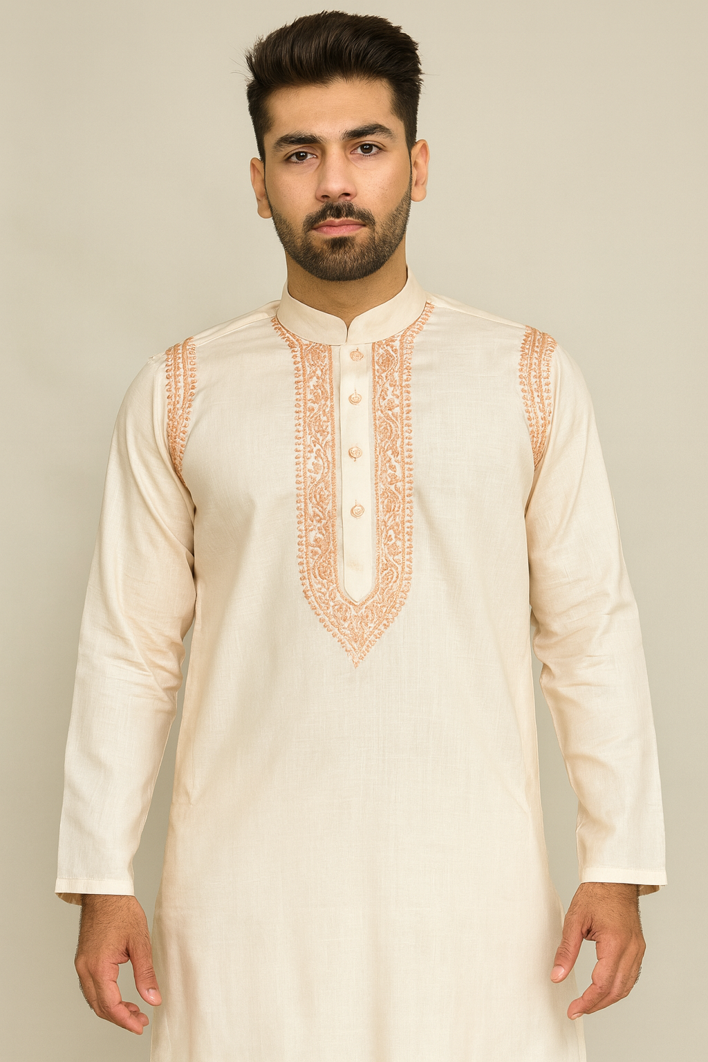 Lucknowi Chikankari Peach 'Aarooi' Cotton Gents Kurta-GK00013