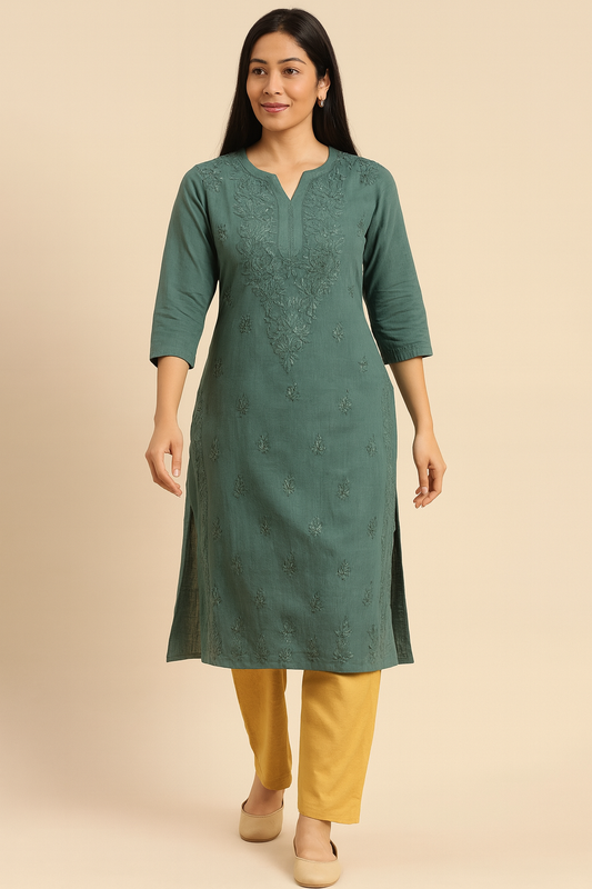Lucknowi Chikankari Olive Green 'Bahar' Modal Kurti-K60056
