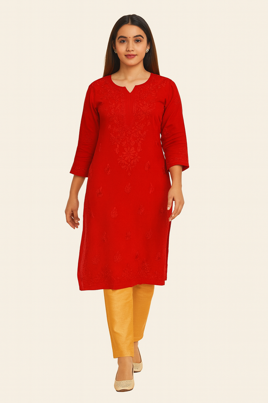 Lucknowi Chikankari Red Modal Kurti-K000192