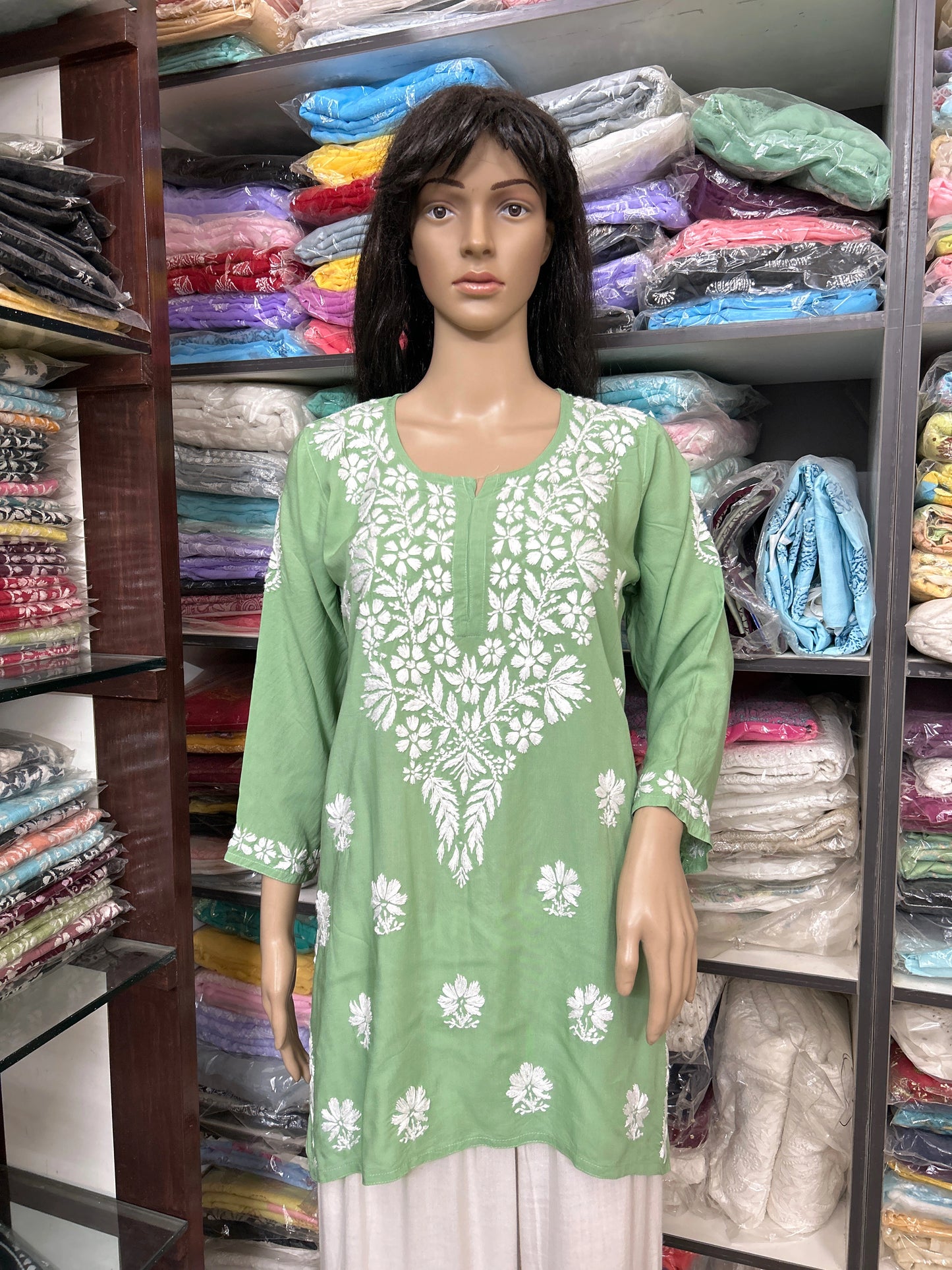 Lucknowi Chikankari Green 'Bahar' Modal Short Kurti-T30006