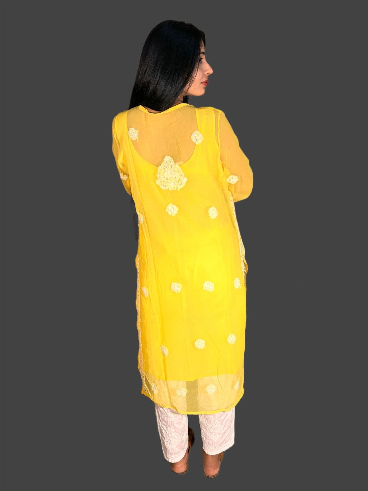 Lucknowi Chikankari Yellow Georgette Kurti-K000051