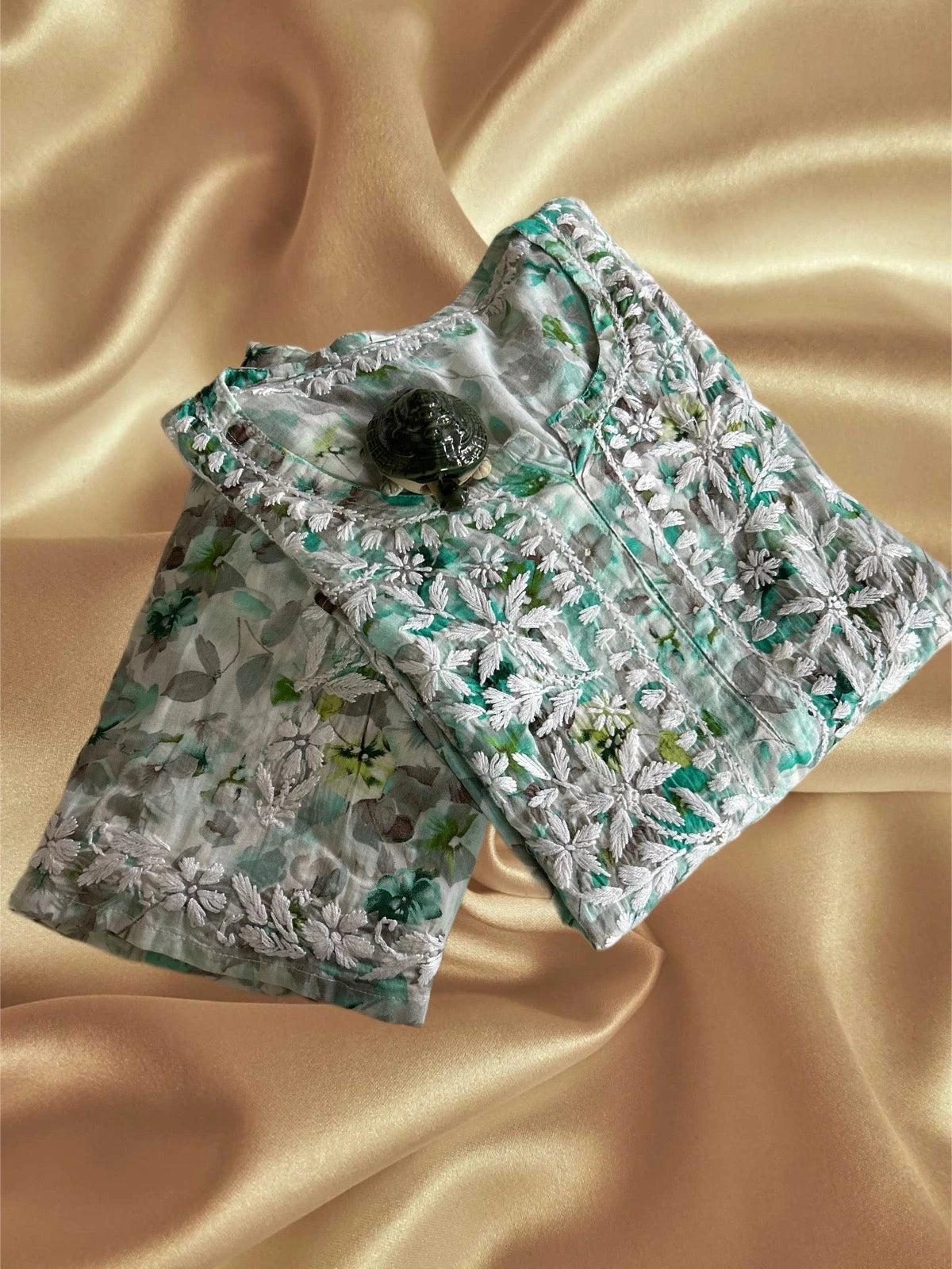 Lucknowi Chikankari Green Printed Cotton Kurta Bottom Set-Kb00005