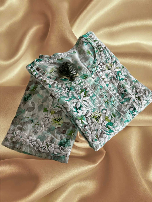 Lucknowi Chikankari Green Printed Cotton Kurta Bottom Set-Kb00005