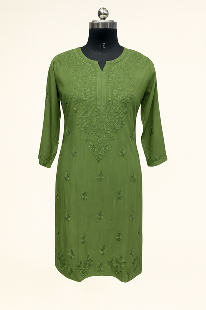 Lucknowi Chikankari Green 'Bahar' Modal Kurti-K000190