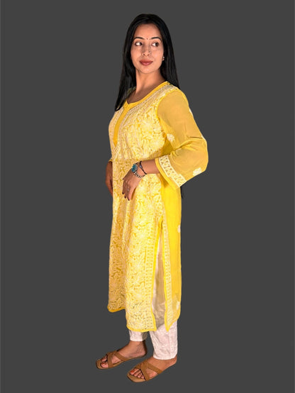 Lucknowi Chikankari Yellow Georgette Kurti-K000051