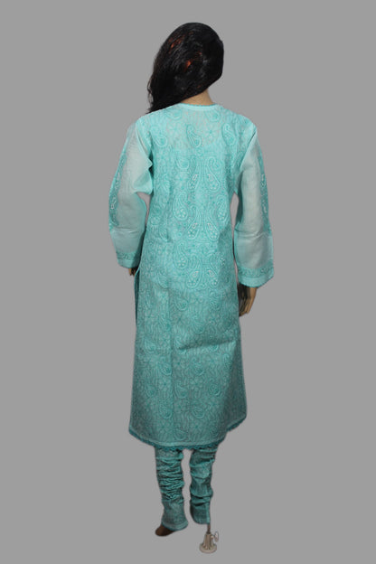 Lucknowi Chikankari Turquoise Blue Cotton 3 Piece Kurta-Chudidar Pyjama-Dupatta Set-PJ00001