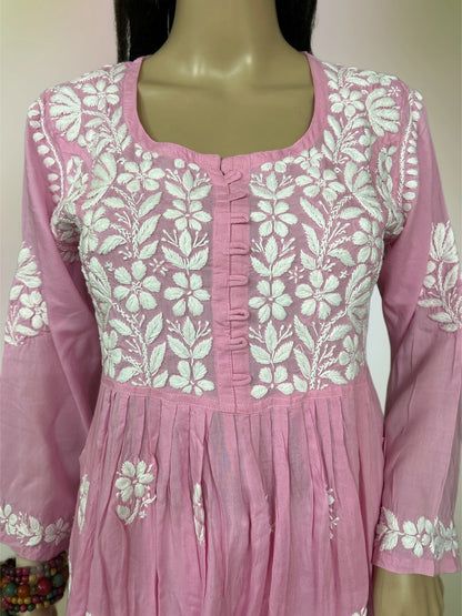 Lucknowi Chikankari Pink 'Shagufta' Modal Short Kurti-T000038