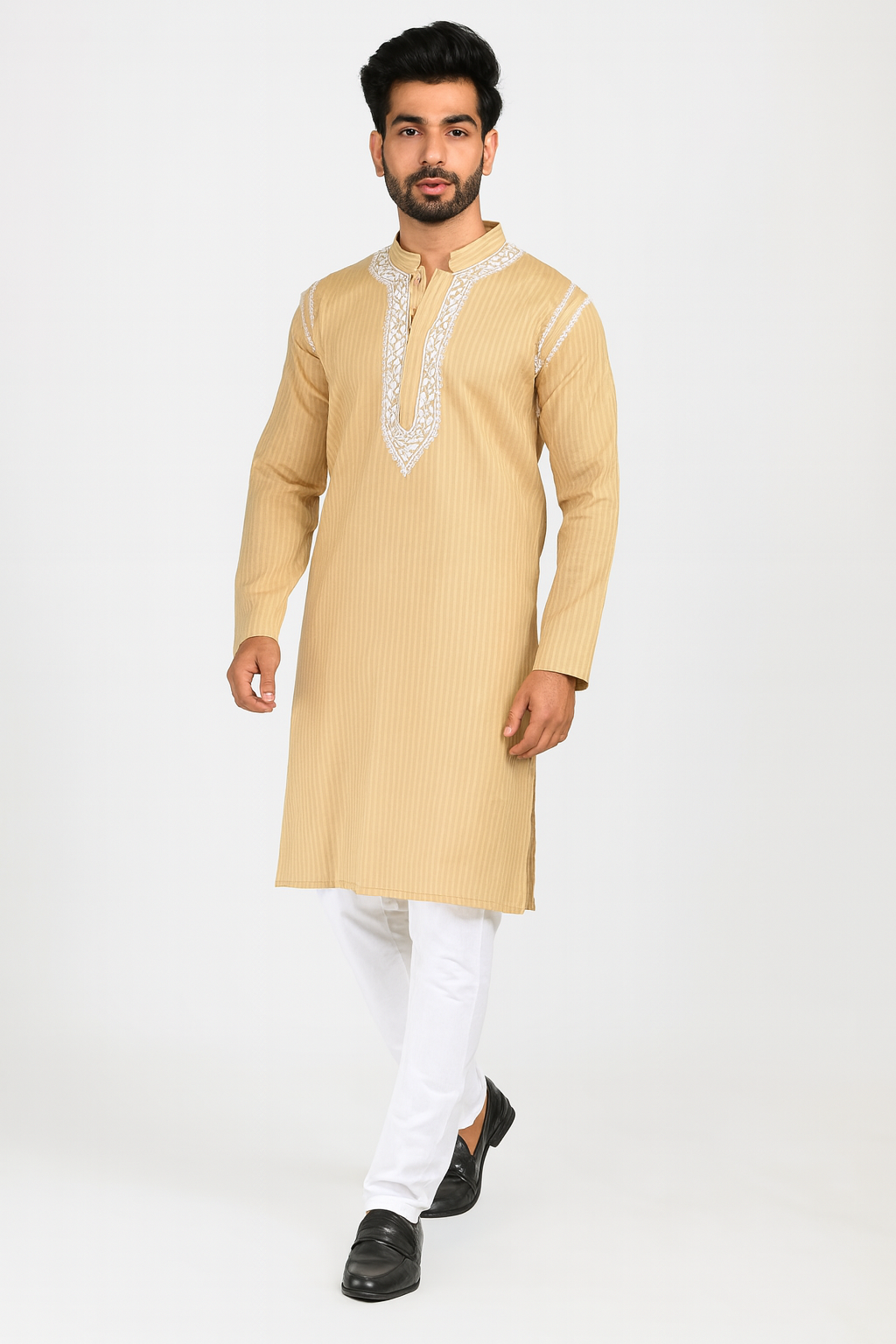 Lucknowi Chikankari Fawn 'Harnai Rang' Cotton Gents Kurta-GK00015