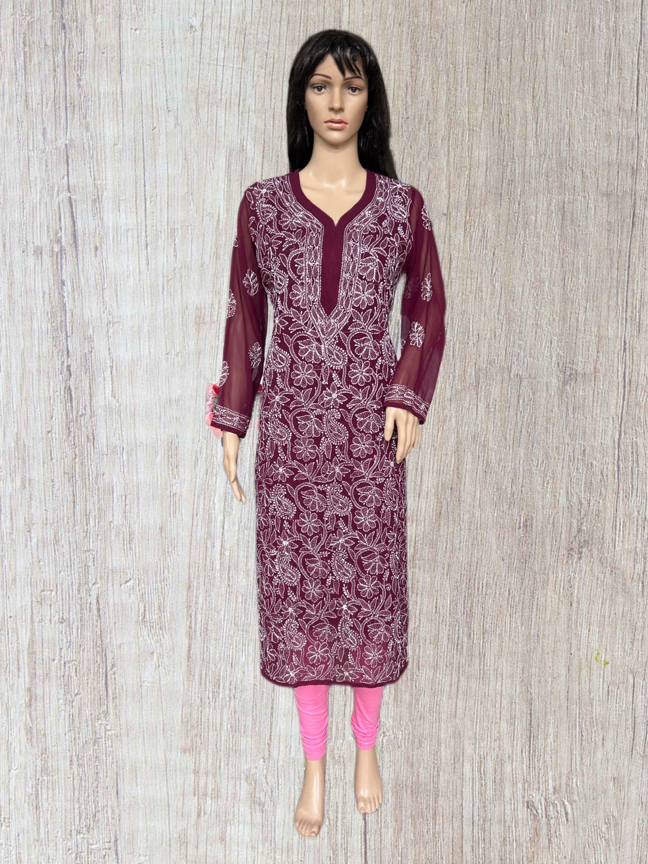Lucknowi Chikankari Wine 'Jamuni' Georgette Kurti-K000039