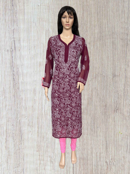 Lucknowi Chikankari Wine 'Jamuni' Georgette Kurti-K000039