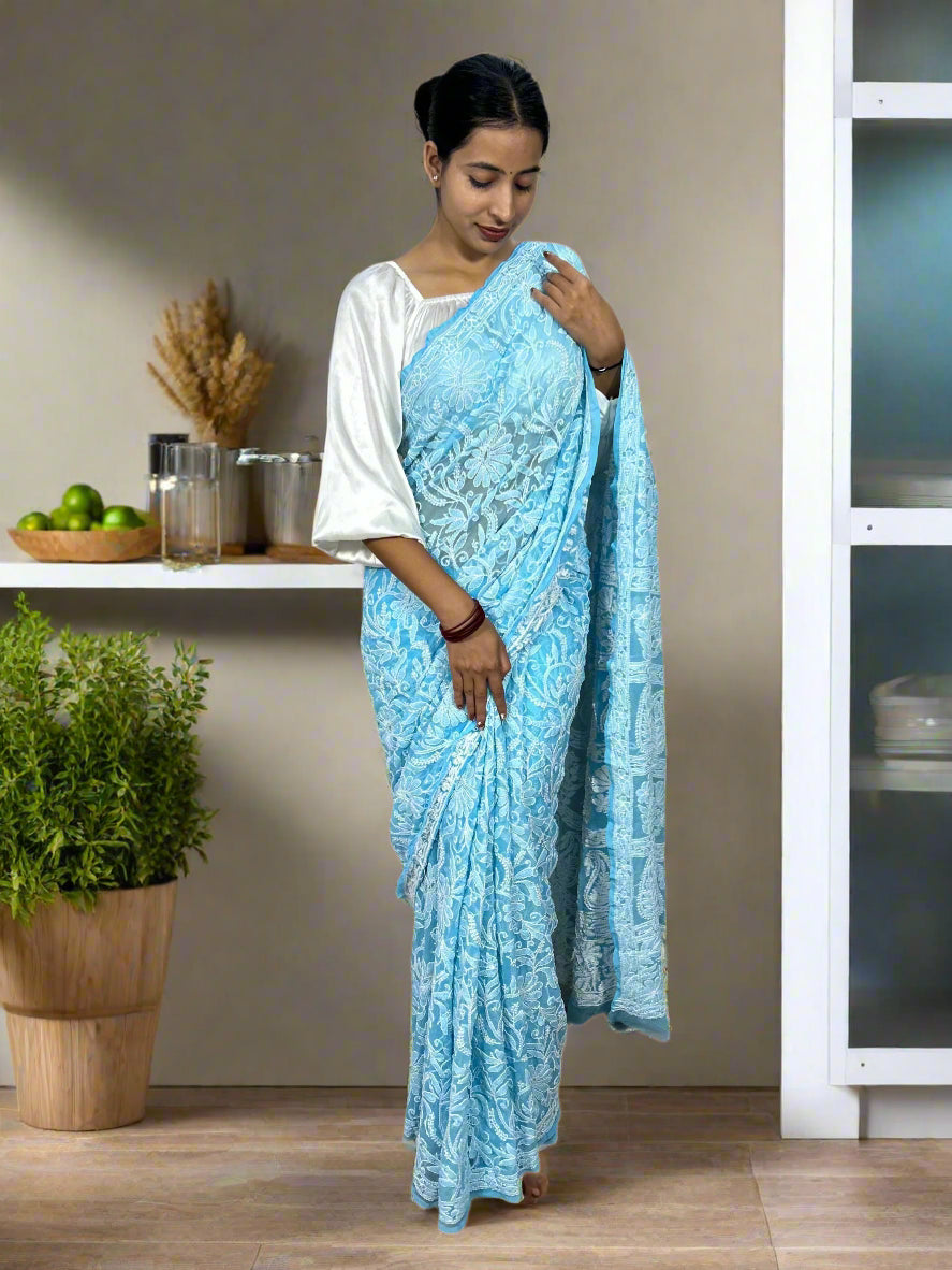 Lucknowi Chikankari Sky Blue Georgette Saree (With Blouse)-PF100008