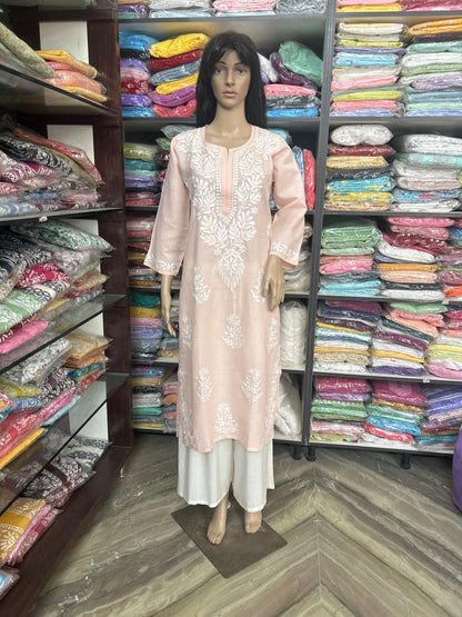 Lucknowi Chikankari Peach 'Aaroi' Cotton Kurti-K000134