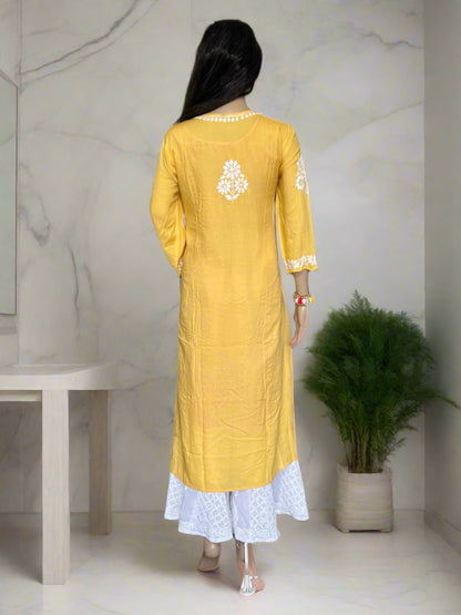 Lucknowi Chikankari Mustard Yellow Modal Kurti-K000099