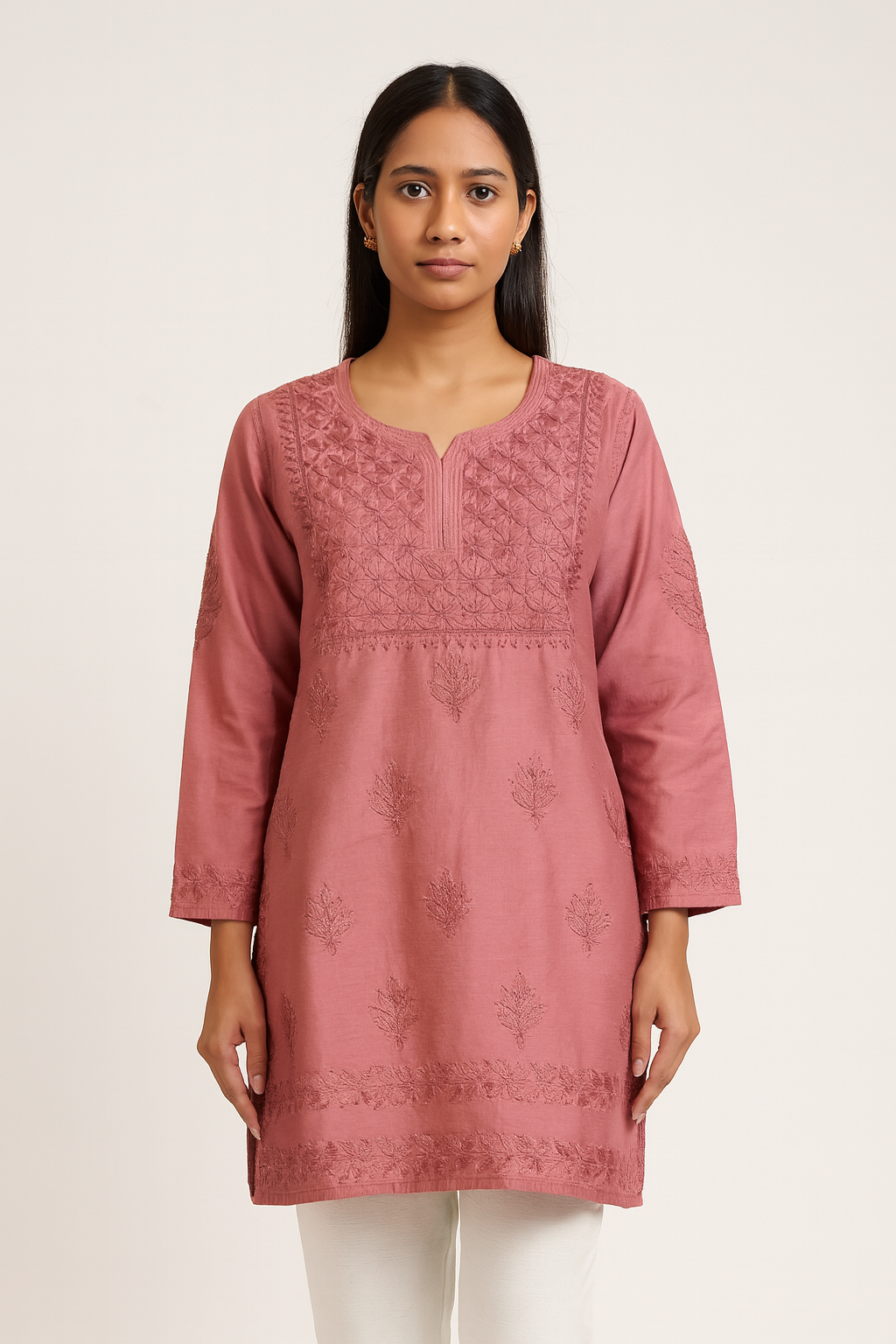 Lucknowi Chikankari Brown 'Rang-e-Mitti' Chanderi Short Kurti-T30015