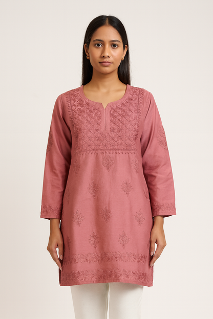 Lucknowi Chikankari Brown 'Rang-e-Mitti' Chanderi Short Kurti-T30015