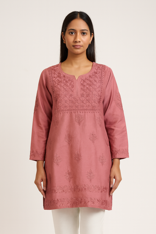 Lucknowi Chikankari Brown 'Rang-e-Mitti' Chanderi Short Kurti-T30015