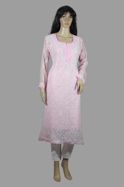 Lucknowi Chikankari Pink 'Shagufta' Georgette Kurti-K40052