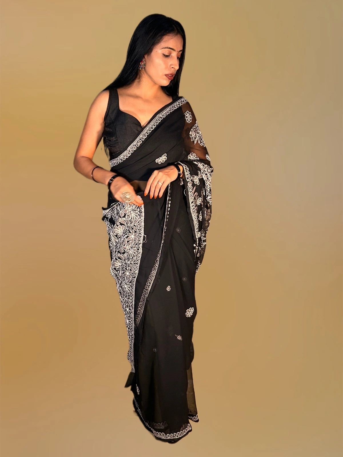 Lucknowi Chikankari Black Georgette Saree (With Blouse)-S00006