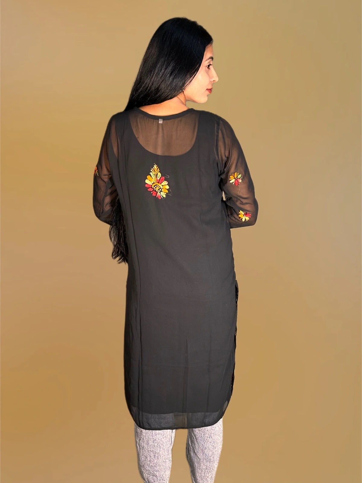 Lucknowi Chikankari Black Georgette Kurti-K000055