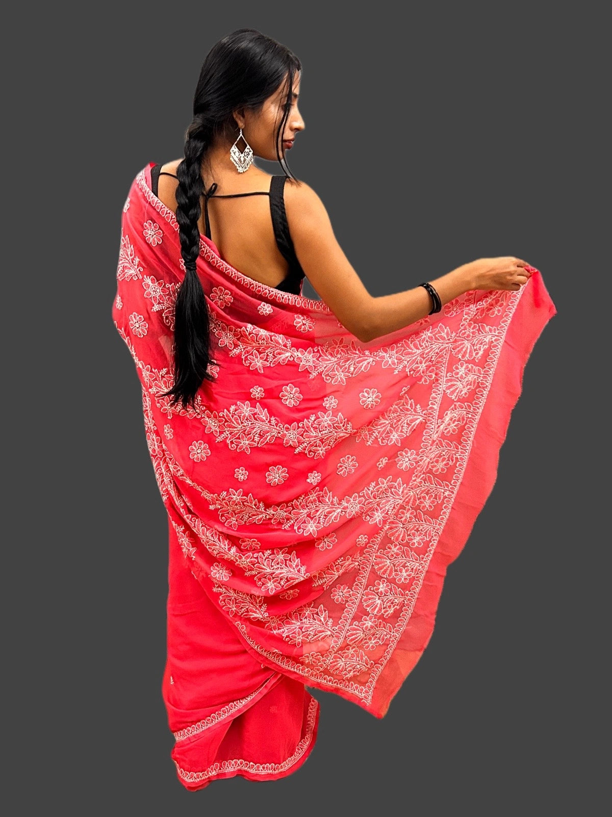 Lucknowi Chikankari Coral Pink Georgette Saree (With Blouse)-S00005