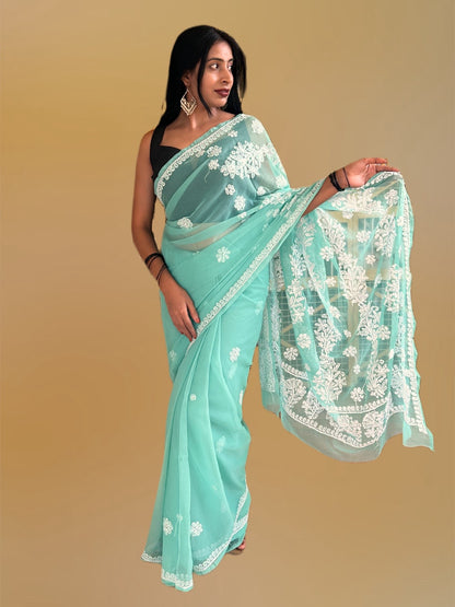 Lucknowi Chikankari Green Georgette Saree (With Blouse)-S00003