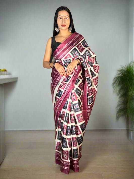 Lucknowi Chikankari Wine Printed Faux Silk Saree-PF100003