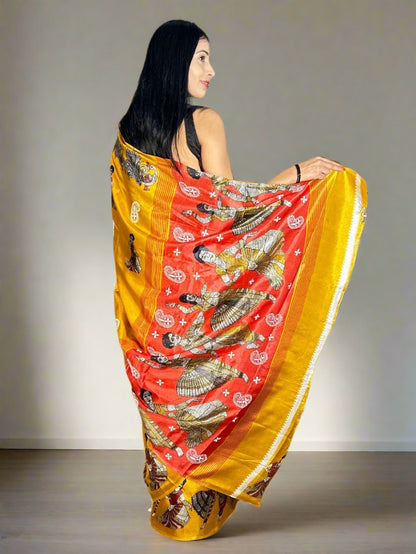 Lucknowi Chikankari Mustard Yellow Printed Faux Silk Saree-PF100001