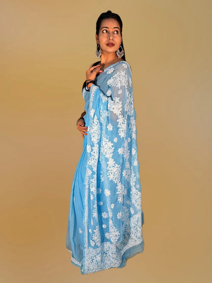 Lucknowi Chikankari Blue Georgette Saree (With Blouse)-S00002