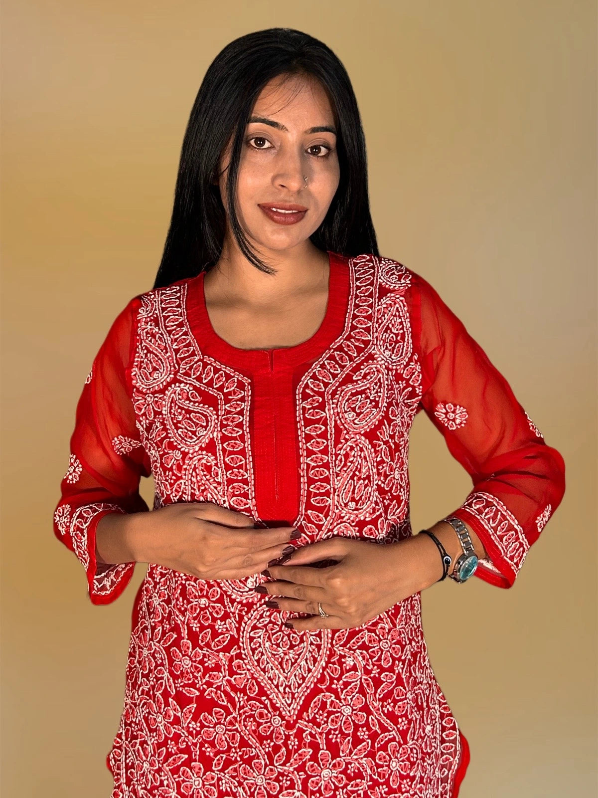 Lucknowi Chikankari Red Georgette Kurti-K000048