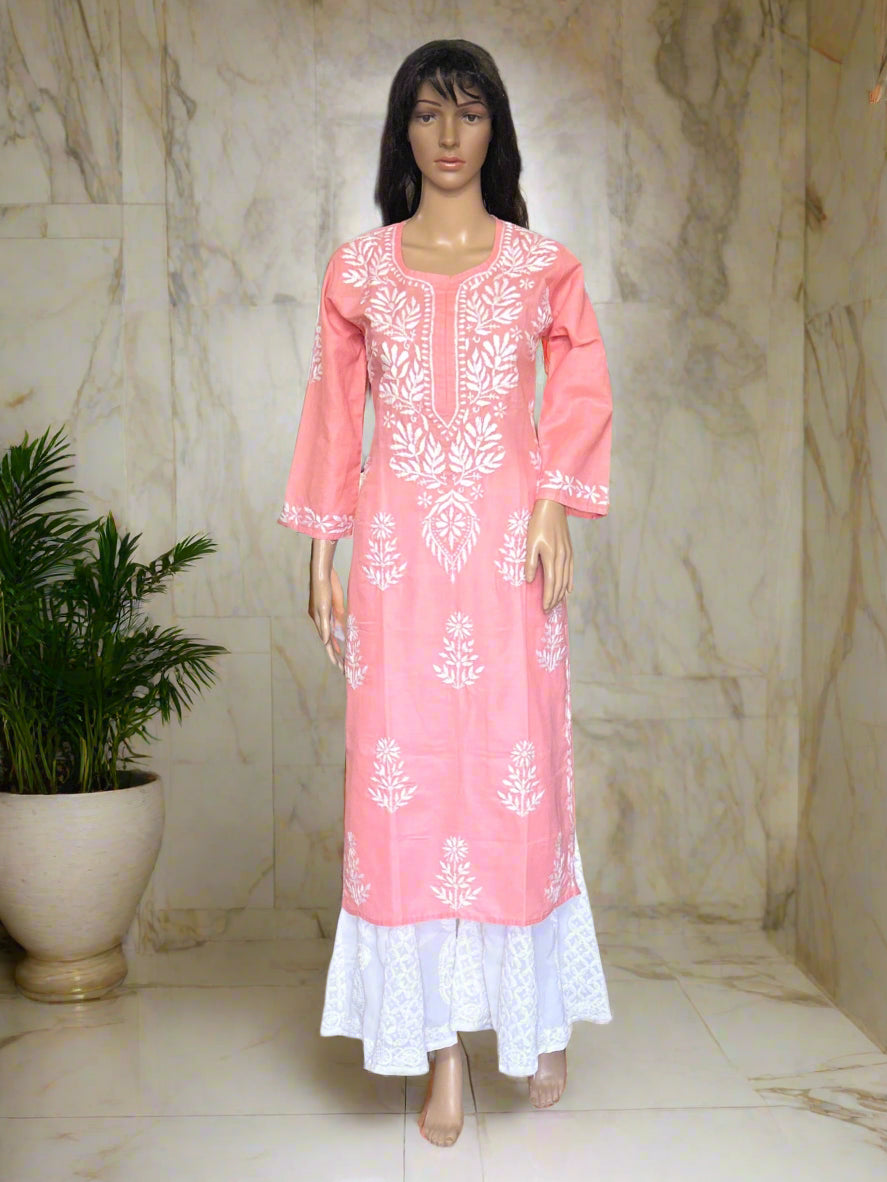 Lucknowi Chikankari Pink Cotton Kurti-K000108