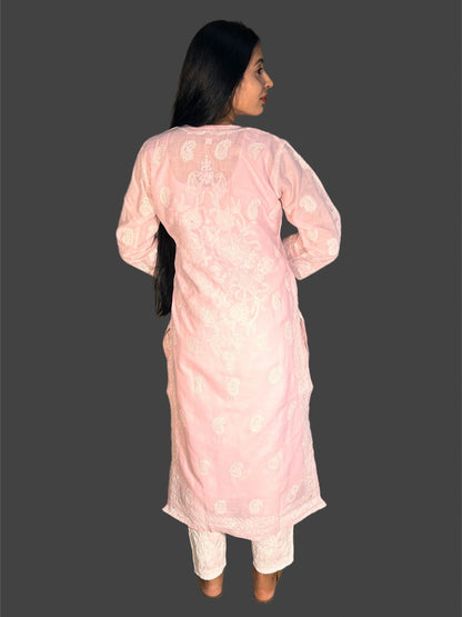 Lucknowi Chikankari Pink Cotton Kurti-K000050