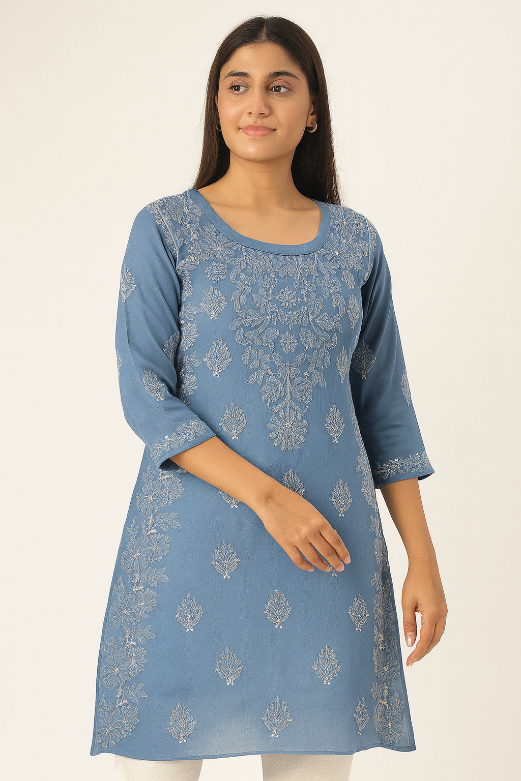 Lucknowi Chikankari Blue 'Aab-e-Asmaan' Viscose Short Kurti-T30010