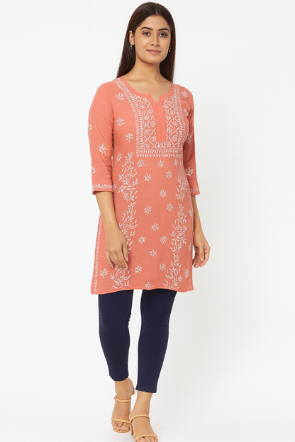 Lucknowi Chikankari Peach 'Aarooi' Viscose Short Kurti-T30009