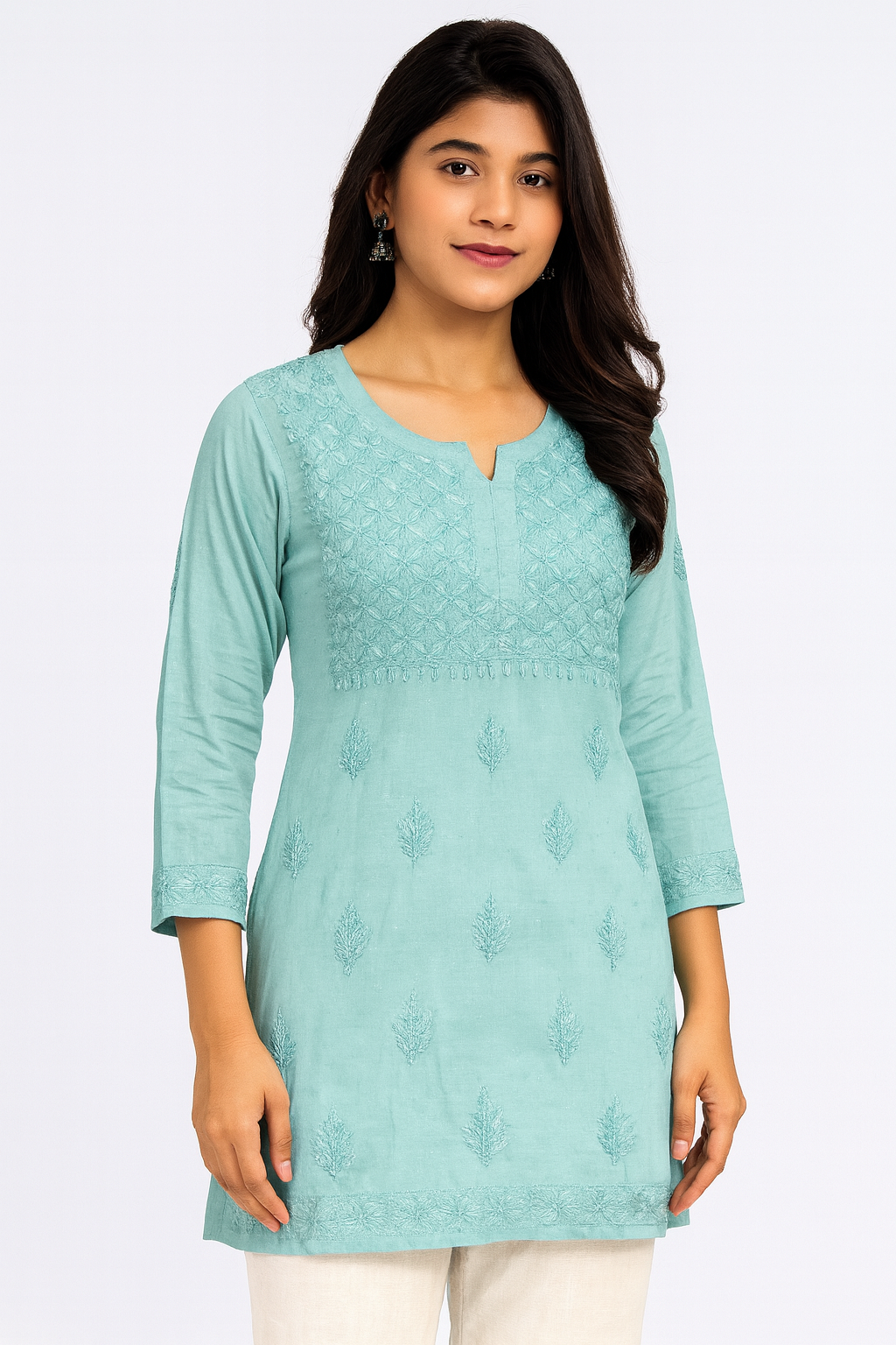 Lucknowi Chikankari Green 'Bahar' Cotton Short Kurti-T20005